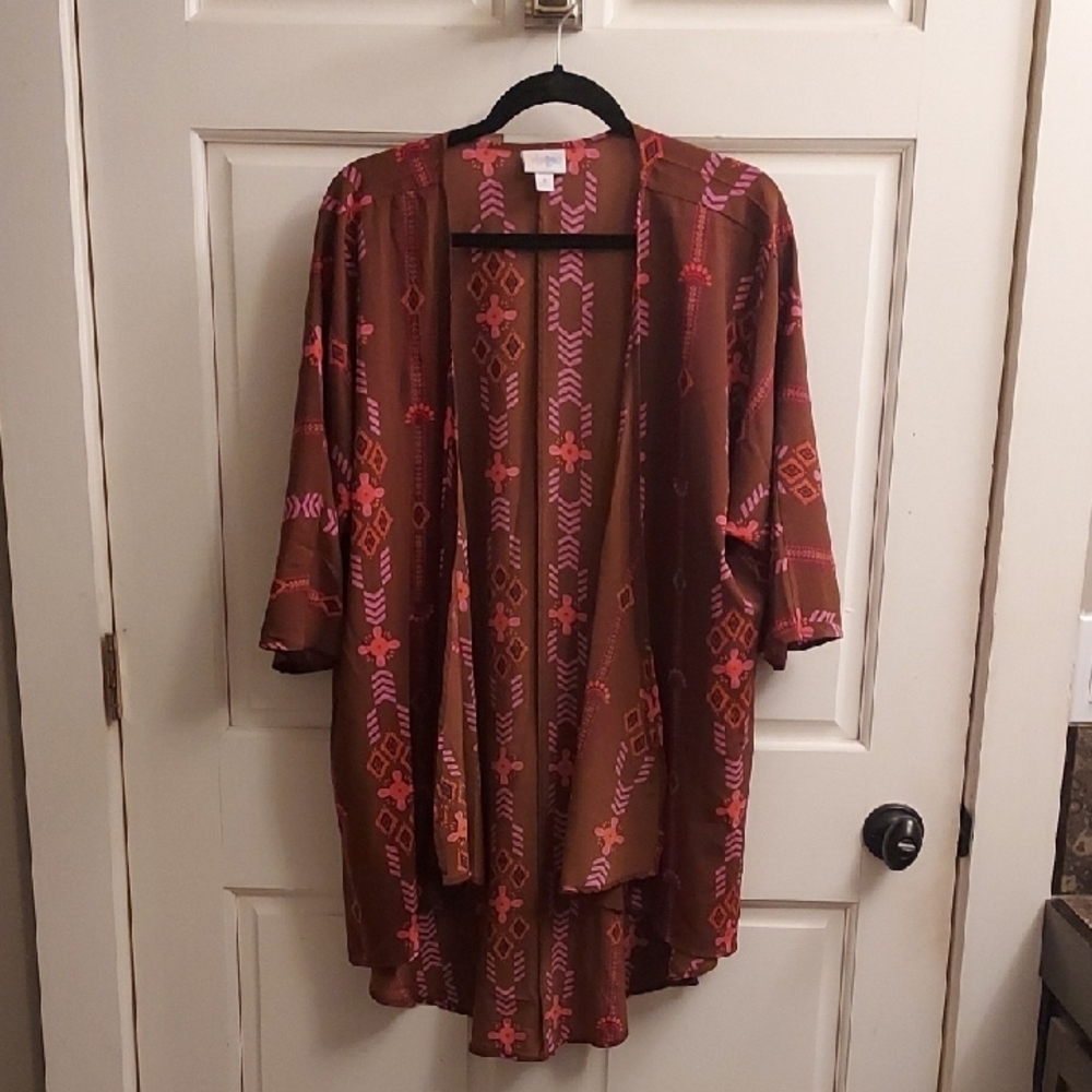 LuLaRoe Brown Kimono with Pink Accents